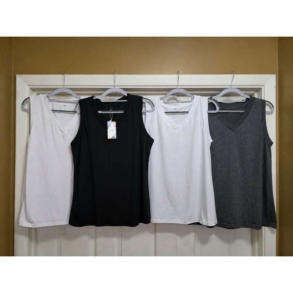 SUNBS Women’s Large V Neck Sleeveless Tank Top Bundle Black/White/Gray 4Pack